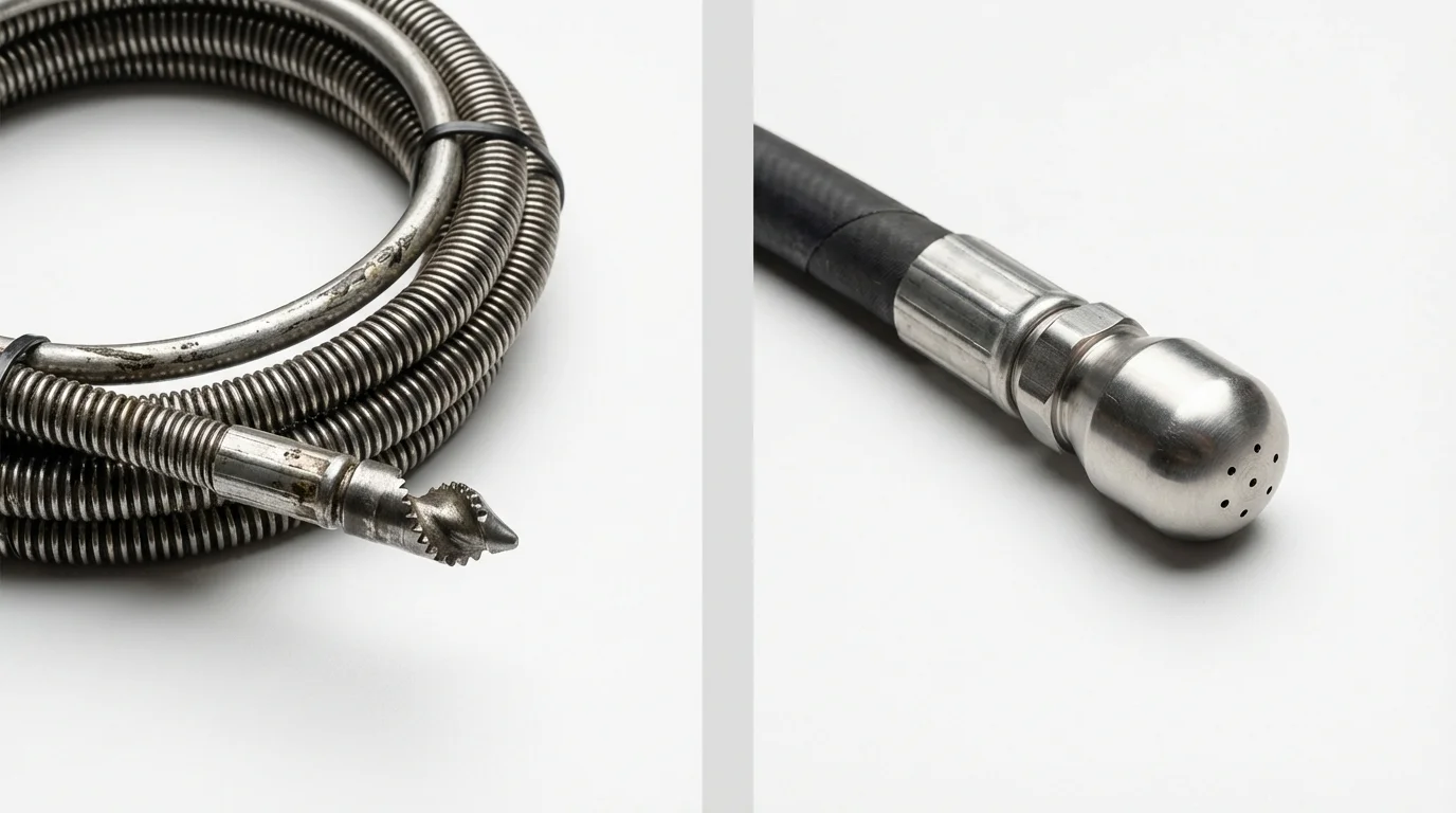 Drain snake cable and hydro jetting nozzle used for drain cleaning in Mountain City, GA