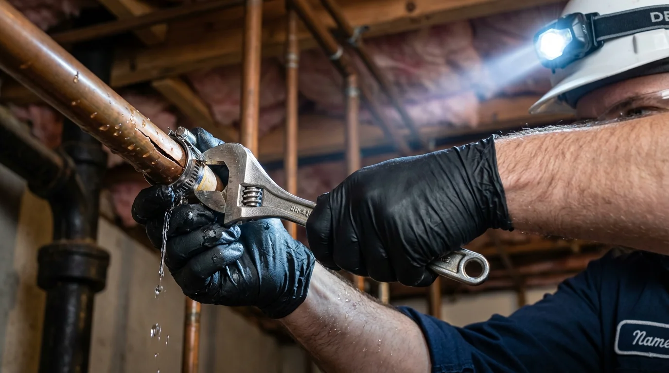 Emergency pipe clamp repair being performed by a Johns Plumbing LLC plumber in Mountain City