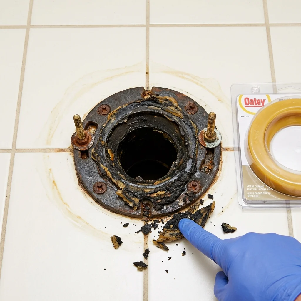 Failed wax ring showing water seepage at the base of a toilet in a Mountain City, GA home
