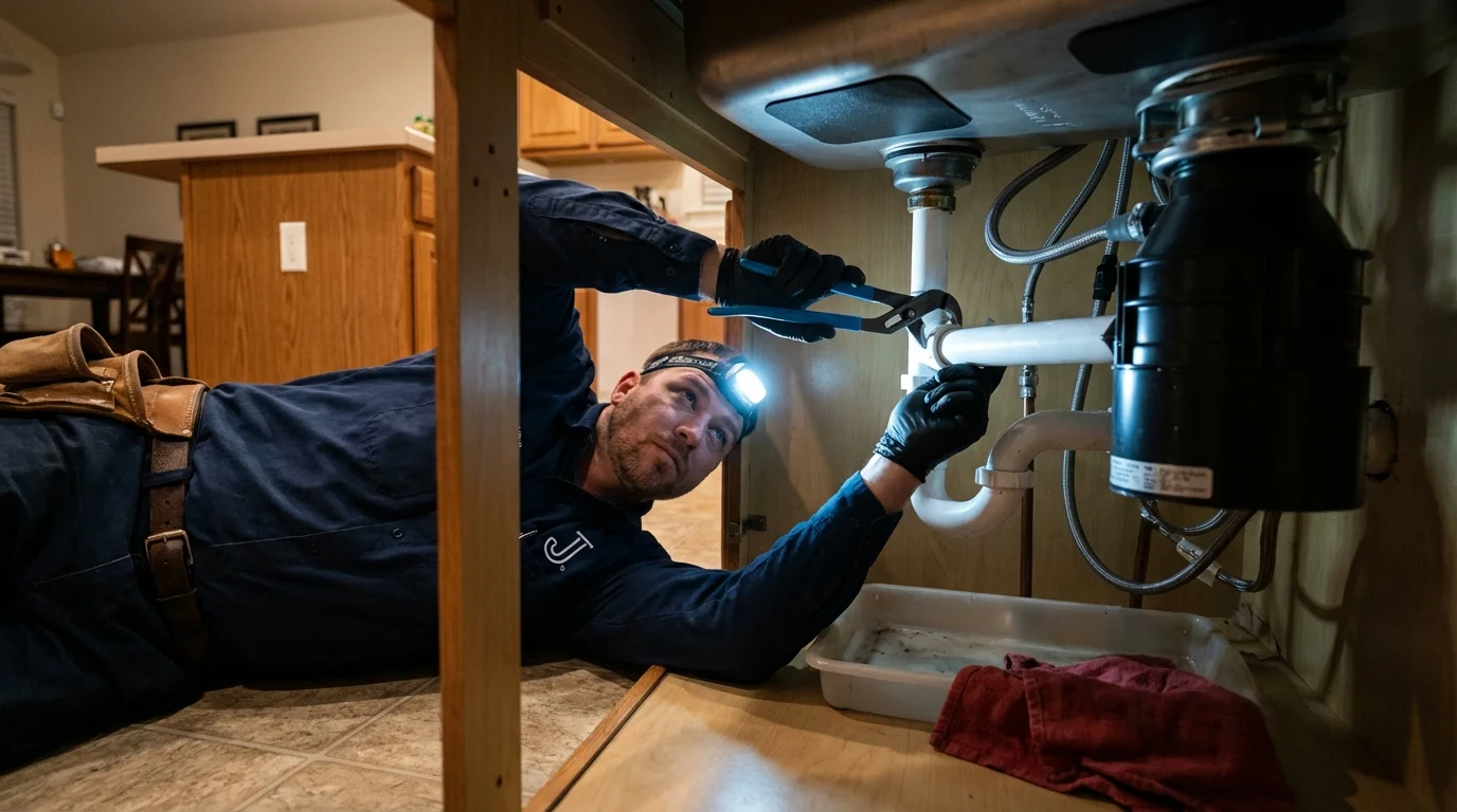 P-trap and supply line connections under a kitchen sink showing a common leak point in Mountain City, GA